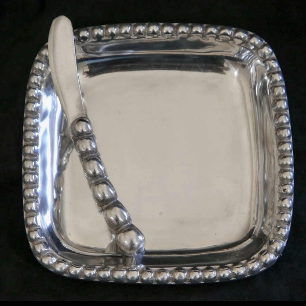 NWT SET Cheese Knife & Tray‎ Cast Aluminum, 7.5" Square, Beaded Edge Made Mexico